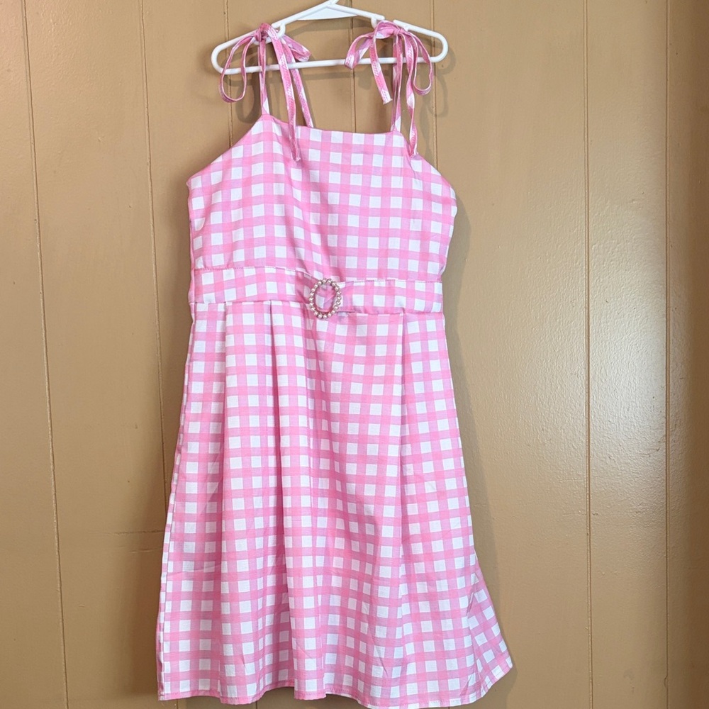 Barbie Girls Pink Gingham Tie-Shoulder Dress with Pearl Belt